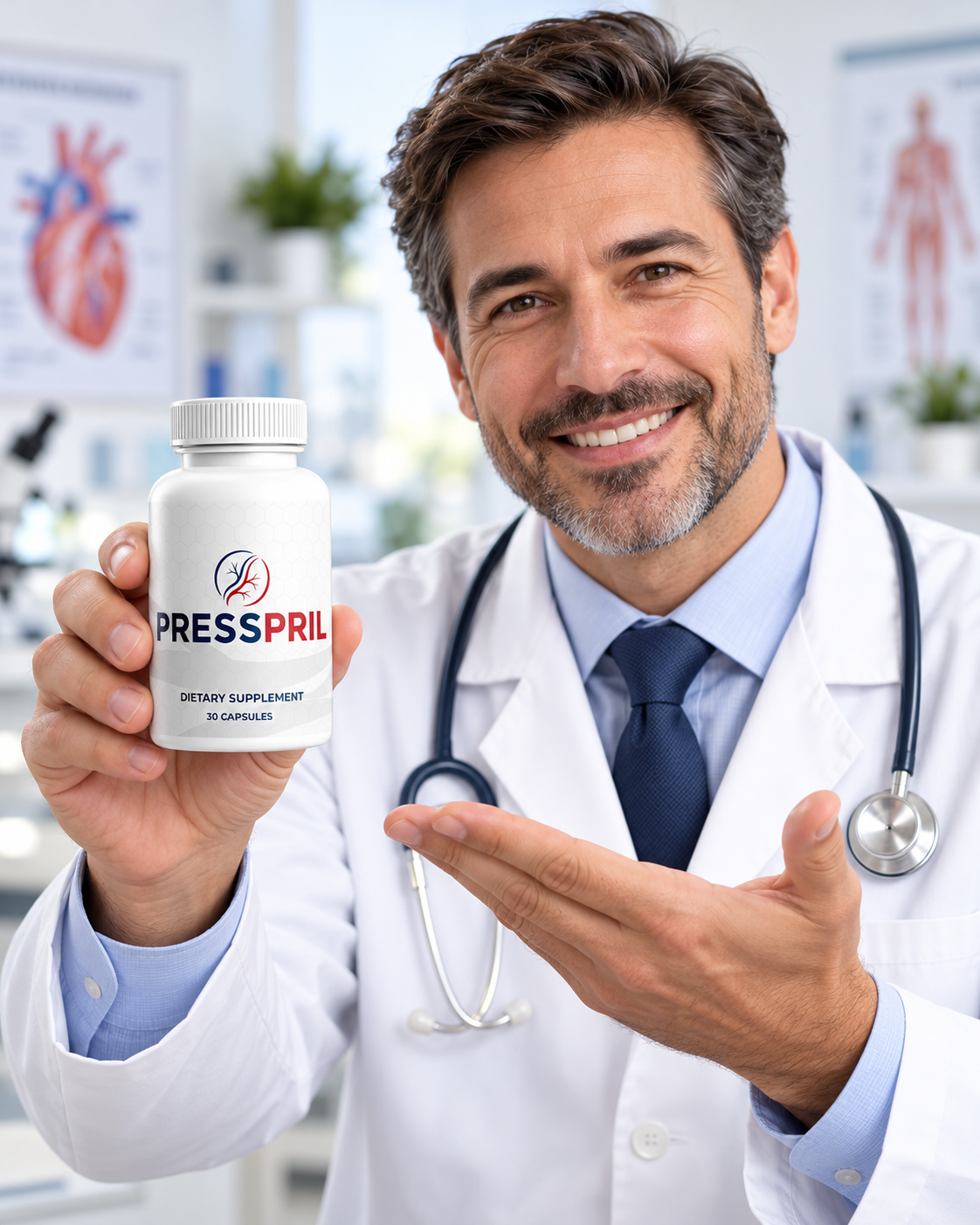 Health professional presenting a bottle of PressPril